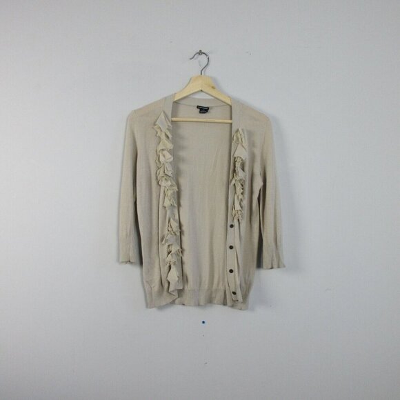 Club Monaco Cardigan Sweater Women S Beige Ruffle Button Up Viscose Blend 132 - Picture 1 of 8